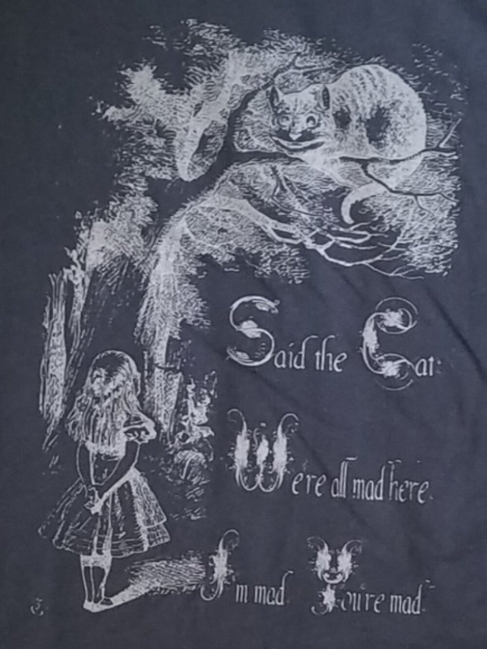 Cheshire Cat All Mad Here glow in the dark t-shirt Women Size 8 & Size 12 Black